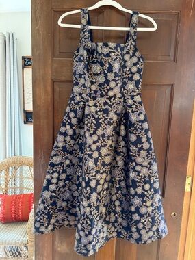 Francesca's Navy Dress with Gold Floral Jacquard Accents